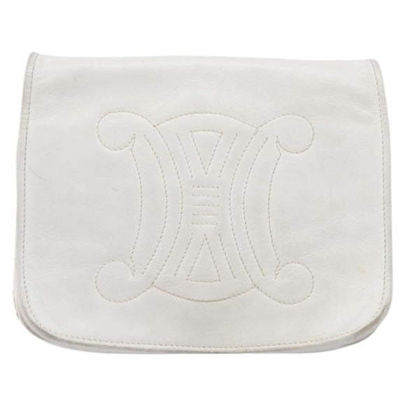 CELINE Chain Shoulder Bag Leather White Gold Auth mr3223