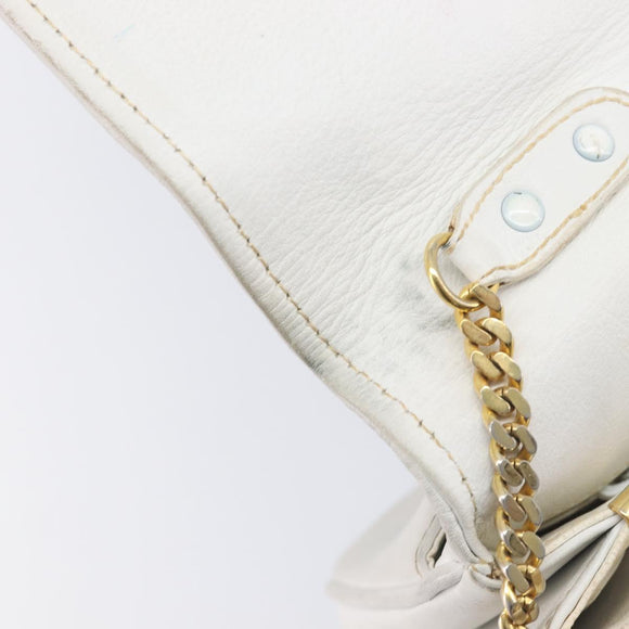 CELINE Chain Shoulder Bag Leather White Gold Auth mr3223