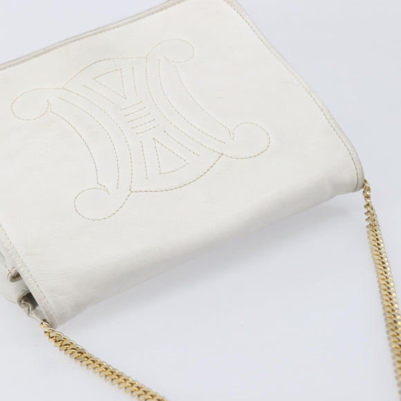 CELINE Chain Shoulder Bag Leather White Gold Auth mr3223