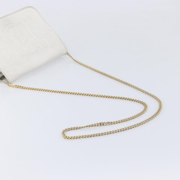 CELINE Chain Shoulder Bag Leather White Gold Auth mr3223