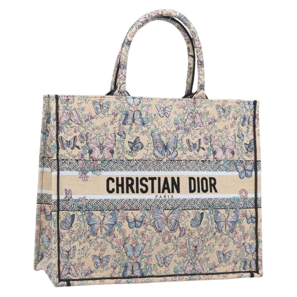 Christian Dior Book Tote Butterfly Hand Bag Canvas Beige Auth mr3224V