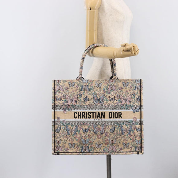 Christian Dior Book Tote Butterfly Hand Bag Canvas Beige Auth mr3224V