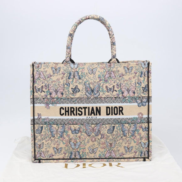 Christian Dior Book Tote Butterfly Hand Bag Canvas Beige Auth mr3224V