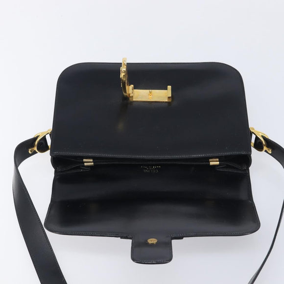 CELINE Horse Carriage Shoulder Bag Leather Black Gold Auth mr3232