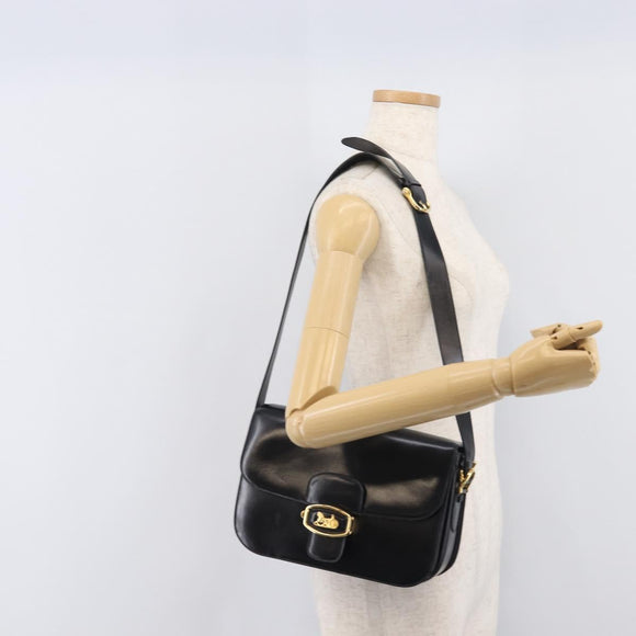 CELINE Horse Carriage Shoulder Bag Leather Black Gold Auth mr3232