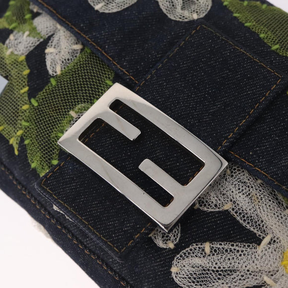FENDI Mamma Baguette Shoulder Bag Denim Blue Silver Auth mr3235V