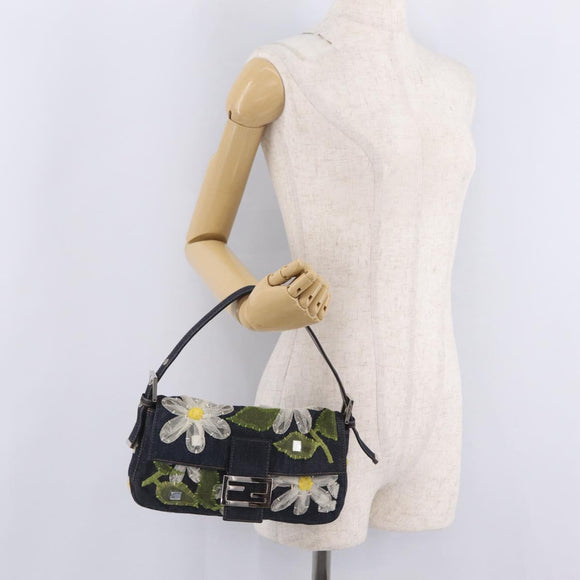 FENDI Mamma Baguette Shoulder Bag Denim Blue Silver Auth mr3235V