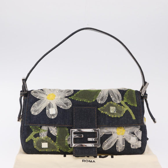FENDI Mamma Baguette Shoulder Bag Denim Blue Silver Auth mr3235V