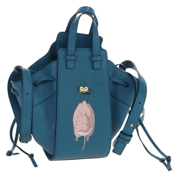 LOEWE Studio Ghibli Hammock Drawstring Bag Leather 2way Blue Gold Auth mr3237SM