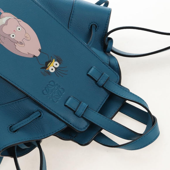 LOEWE Studio Ghibli Hammock Drawstring Bag Leather 2way Blue Gold Auth mr3237SM
