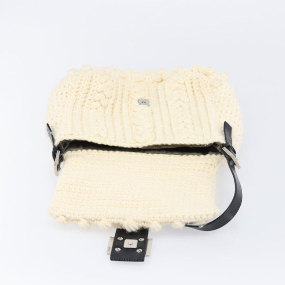 FENDI Mamma Baguette Shoulder Bag Wool Beige Silver Auth mr3241V