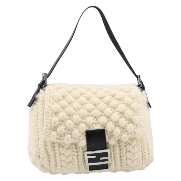 FENDI Mamma Baguette Shoulder Bag Wool Beige Silver Auth mr3241V