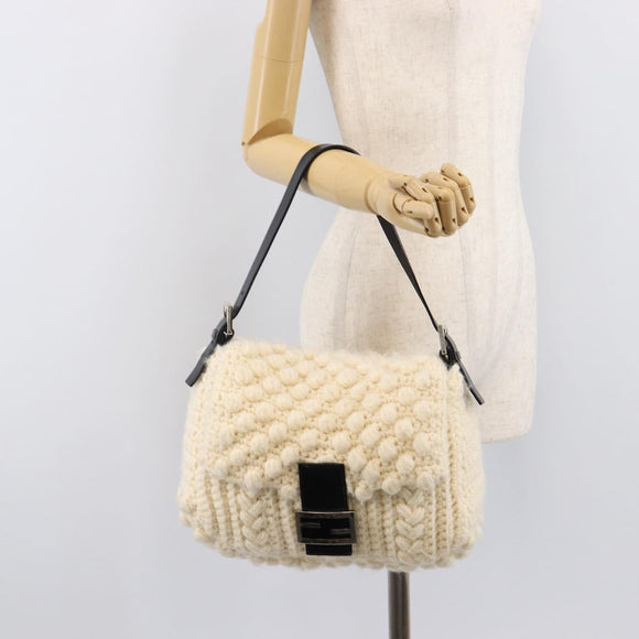 FENDI Mamma Baguette Shoulder Bag Wool Beige Silver Auth mr3241V