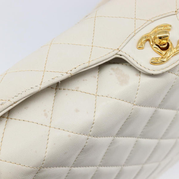 CHANEL Matelasse Chain Shoulder Bag Lamb Skin White Gold CC Auth mr3257