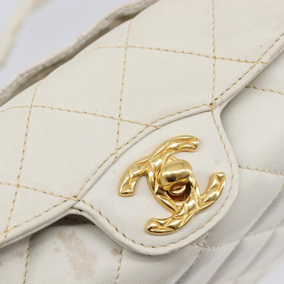 CHANEL Matelasse Chain Shoulder Bag Lamb Skin White Gold CC Auth mr3257