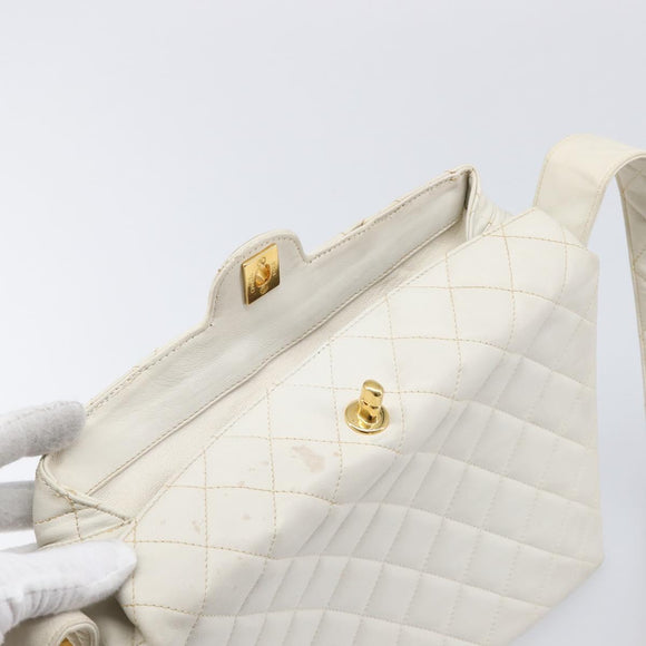 CHANEL Matelasse Chain Shoulder Bag Lamb Skin White Gold CC Auth mr3257