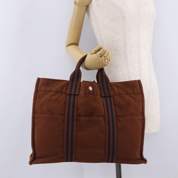 HERMES New Fourre Tout PM Hand Bag Canvas Brown Silver Auth mr3264