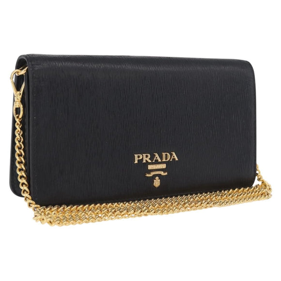 PRADA Chain Shoulder Bag Leather Black Gold Auth mr3271