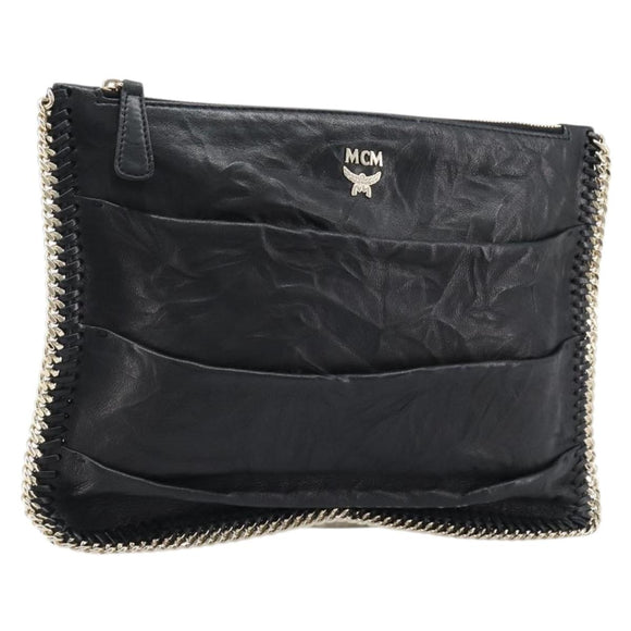 MCM Clutch Bag Leather Black Gold Auth mr3274A