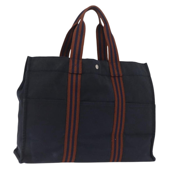 HERMES Fourre ToutGM Hand Bag Canvas Navy Silver Auth mr3303