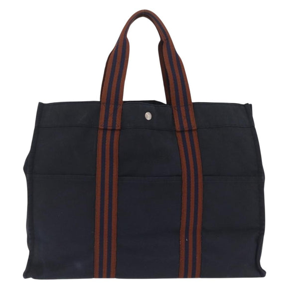 HERMES Fourre ToutGM Hand Bag Canvas Navy Silver Auth mr3303
