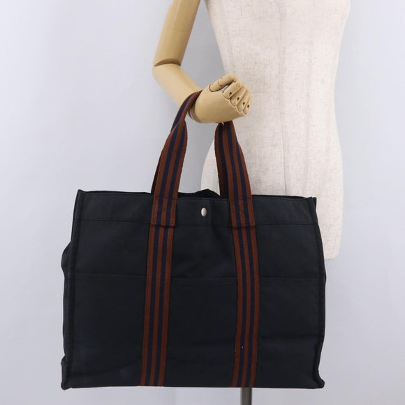 HERMES Fourre ToutGM Hand Bag Canvas Navy Silver Auth mr3303