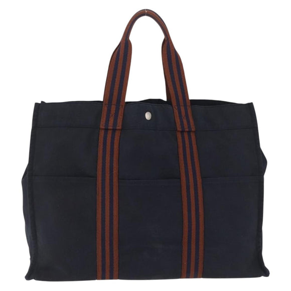 HERMES Fourre ToutGM Hand Bag Canvas Navy Silver Auth mr3303