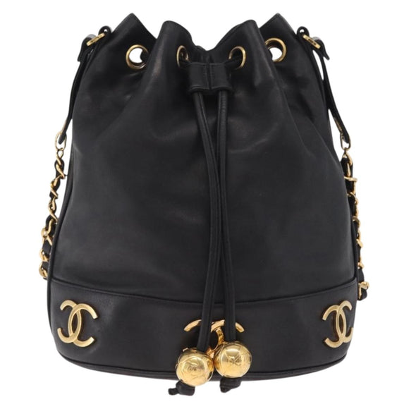 CHANEL Purse Shoulder Bag Lamb Skin Black Gold CC Auth mr3318V