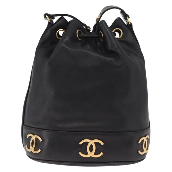 CHANEL Purse Shoulder Bag Lamb Skin Black Gold CC Auth mr3318V