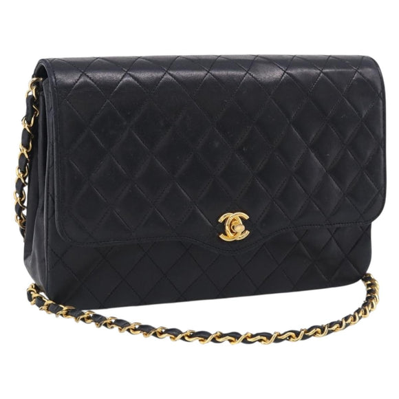 CHANEL Matelasse Chain Shoulder Bag Lamb Skin Black Gold CC Auth mr3319
