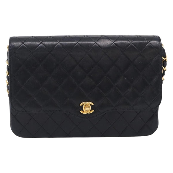 CHANEL Matelasse Chain Shoulder Bag Lamb Skin Black Gold CC Auth mr3319