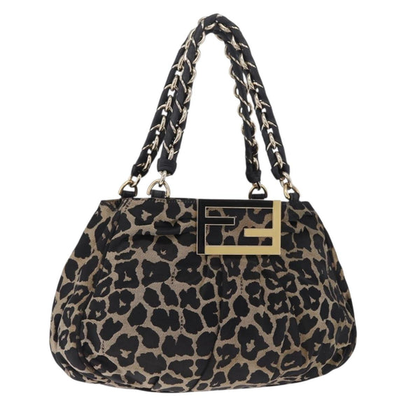 FENDI Hand Bag Satin Brown Gold Auth mr3325A