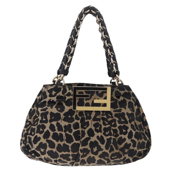 FENDI Hand Bag Satin Brown Gold Auth mr3325A