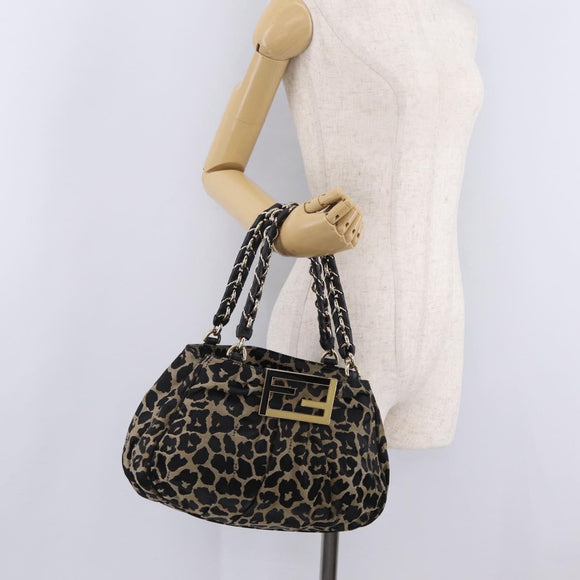 FENDI Hand Bag Satin Brown Gold Auth mr3325A