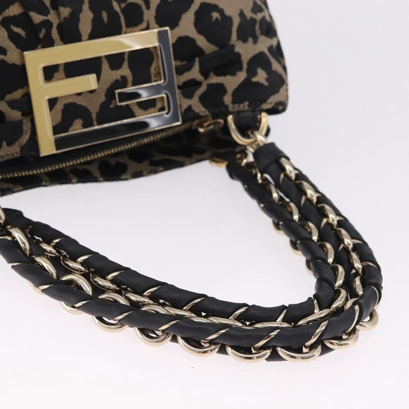 FENDI Hand Bag Satin Brown Gold Auth mr3325A