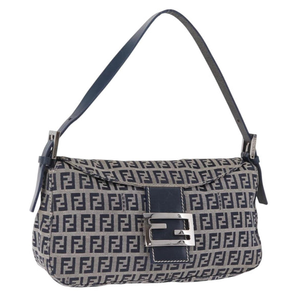 FENDI Zucchino Canvas Mamma Baguette Shoulder Bag Navy Silver Auth mr3326V