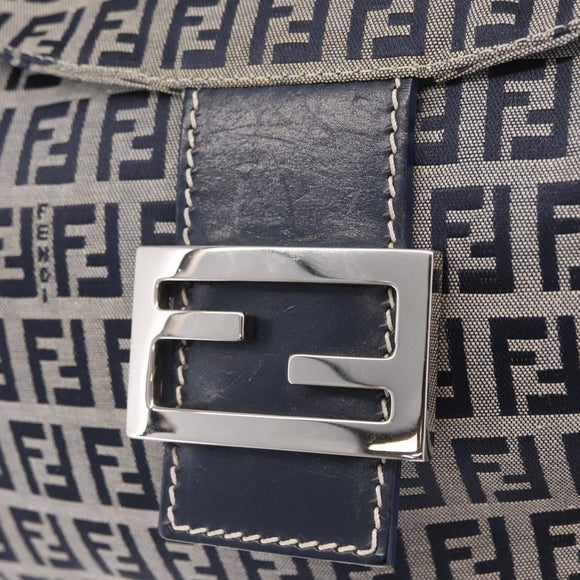 FENDI Zucchino Canvas Mamma Baguette Shoulder Bag Navy Silver Auth mr3326V