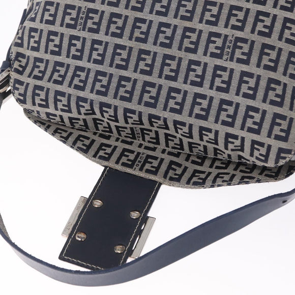 FENDI Zucchino Canvas Mamma Baguette Shoulder Bag Navy Silver Auth mr3326V