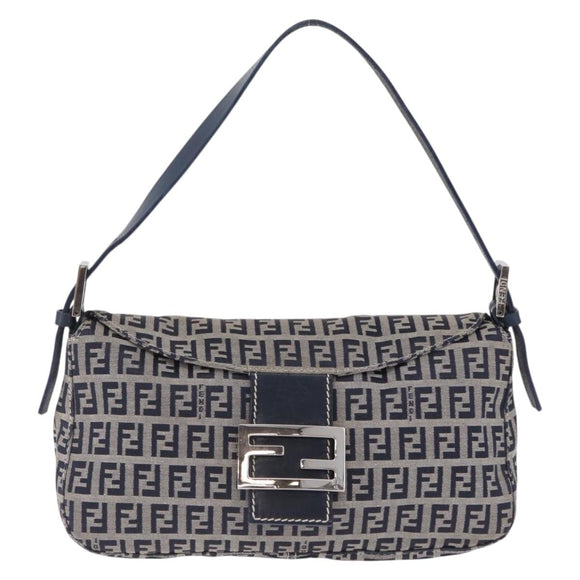 FENDI Zucchino Canvas Mamma Baguette Shoulder Bag Navy Silver Auth mr3326V