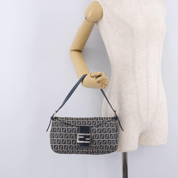 FENDI Zucchino Canvas Mamma Baguette Shoulder Bag Navy Silver Auth mr3326V
