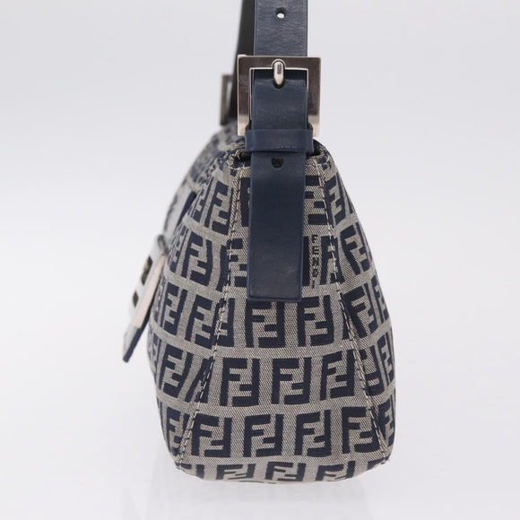 FENDI Zucchino Canvas Mamma Baguette Shoulder Bag Navy Silver Auth mr3326V