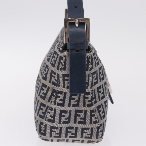 FENDI Zucchino Canvas Mamma Baguette Shoulder Bag Navy Silver Auth mr3326V