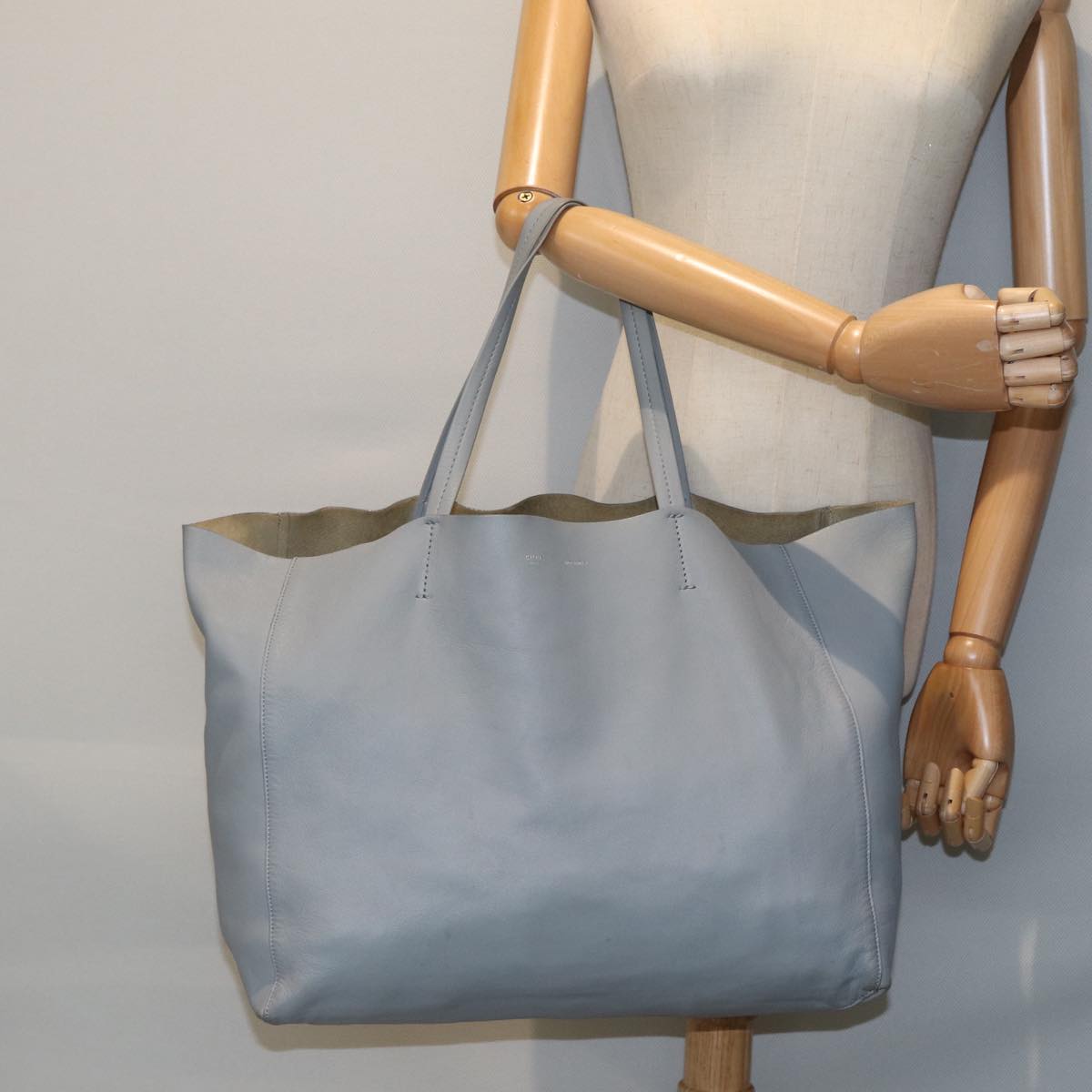 CELINE Horizontal Cabas Tote Bag Leather Light Blue Auth mr333