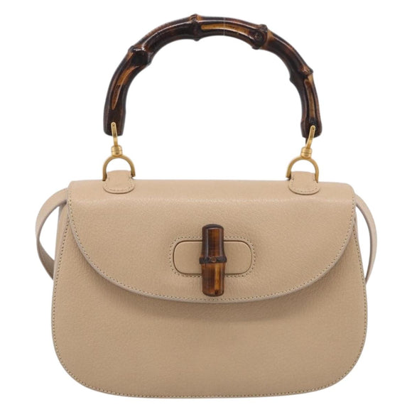 GUCCI Bamboo Hand Bag Leather 2way Beige Gold Auth mr3331V