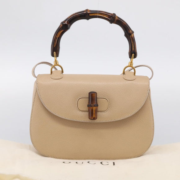 GUCCI Bamboo Hand Bag Leather 2way Beige Gold Auth mr3331V