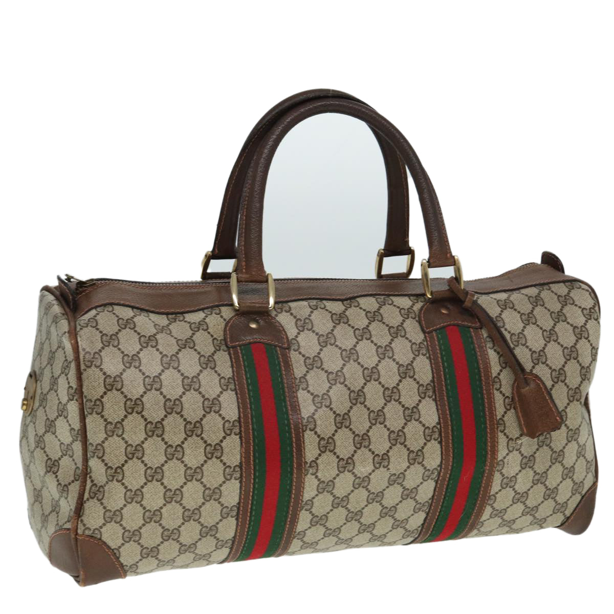 GUCCI GG Supreme Web Sherry Line Boston Bag PVC Leather Beige Red Auth mr334