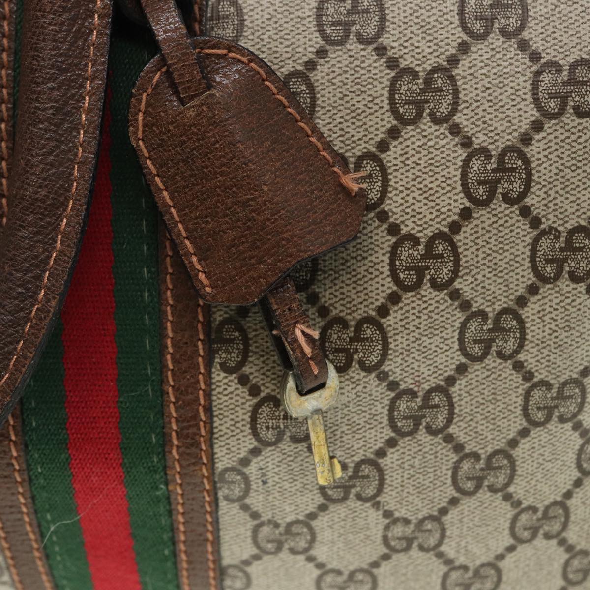 GUCCI GG Supreme Web Sherry Line Boston Bag PVC Leather Beige Red Auth mr334