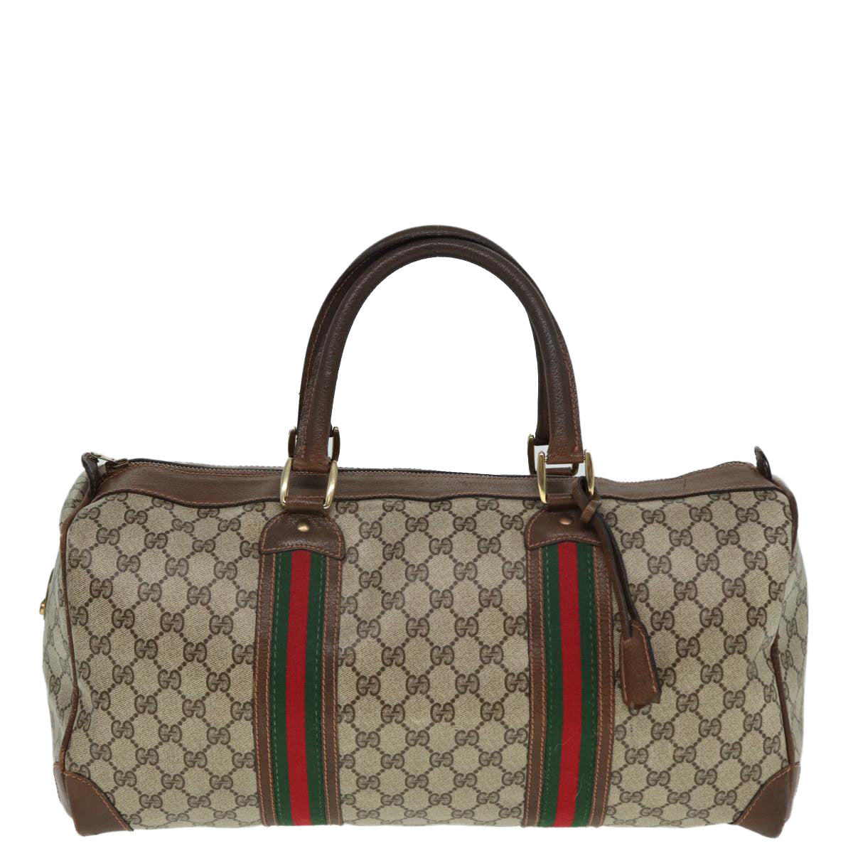 GUCCI GG Supreme Web Sherry Line Boston Bag PVC Leather Beige Red Auth mr334