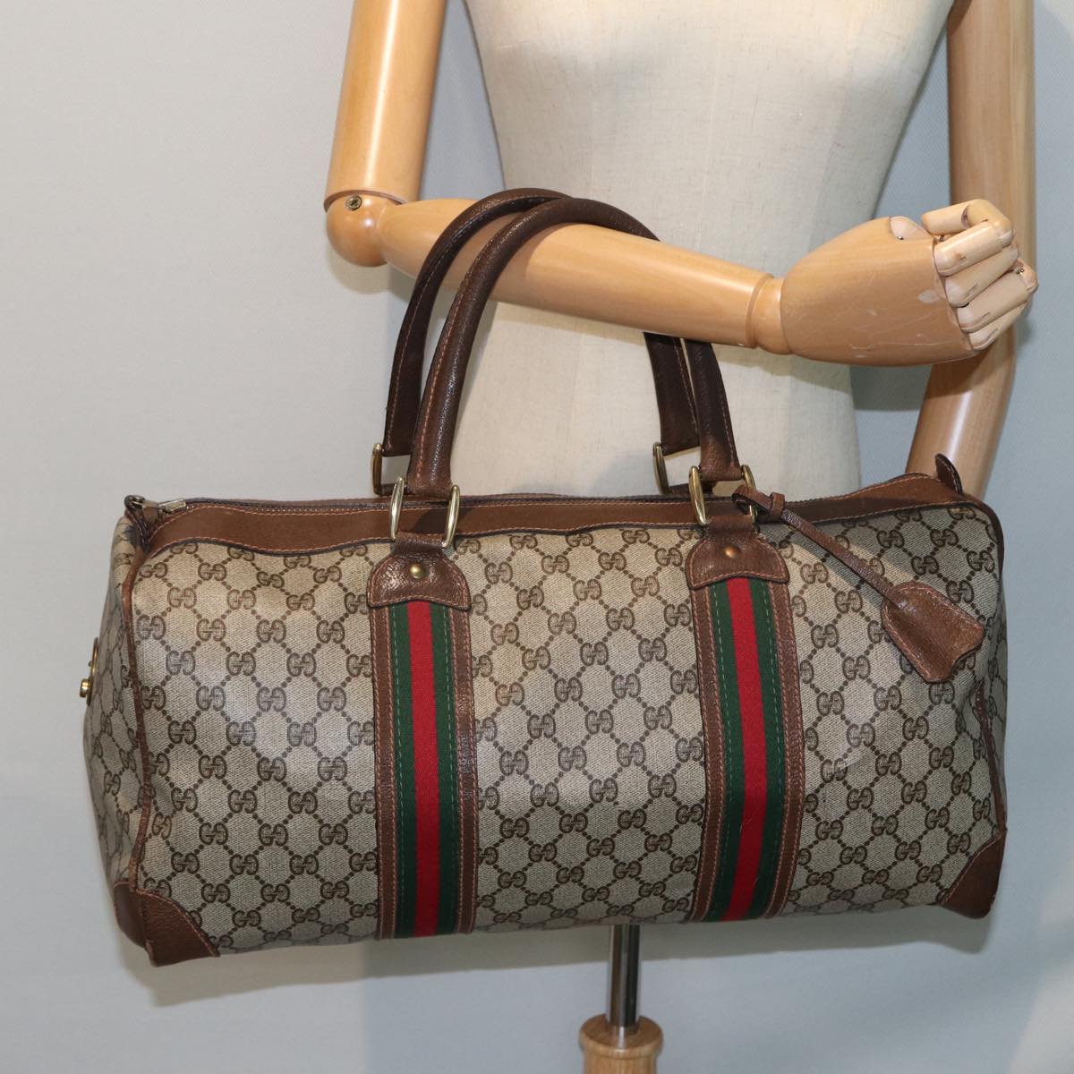 GUCCI GG Supreme Web Sherry Line Boston Bag PVC Leather Beige Red Auth mr334