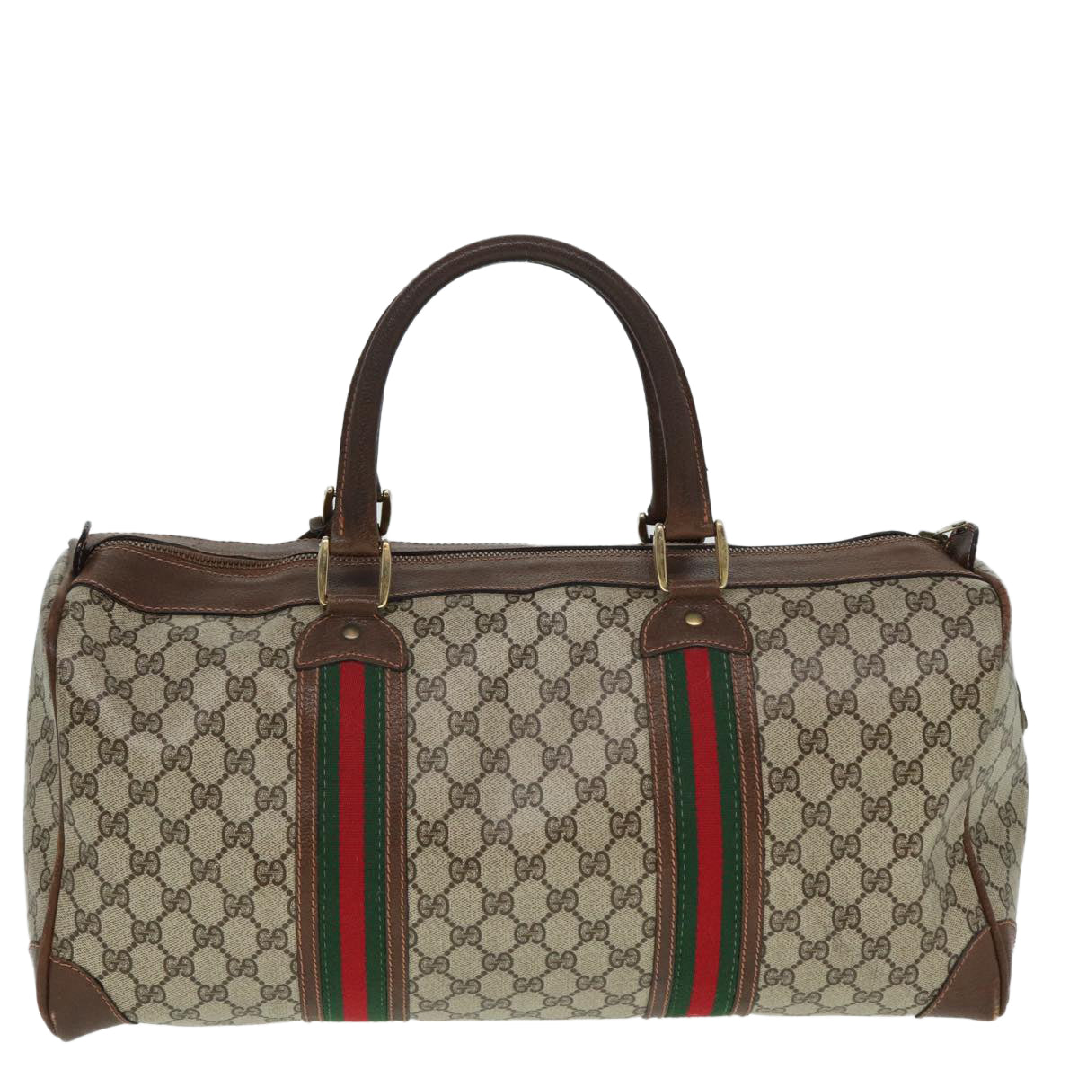 GUCCI GG Supreme Web Sherry Line Boston Bag PVC Leather Beige Red Auth mr334 - 0